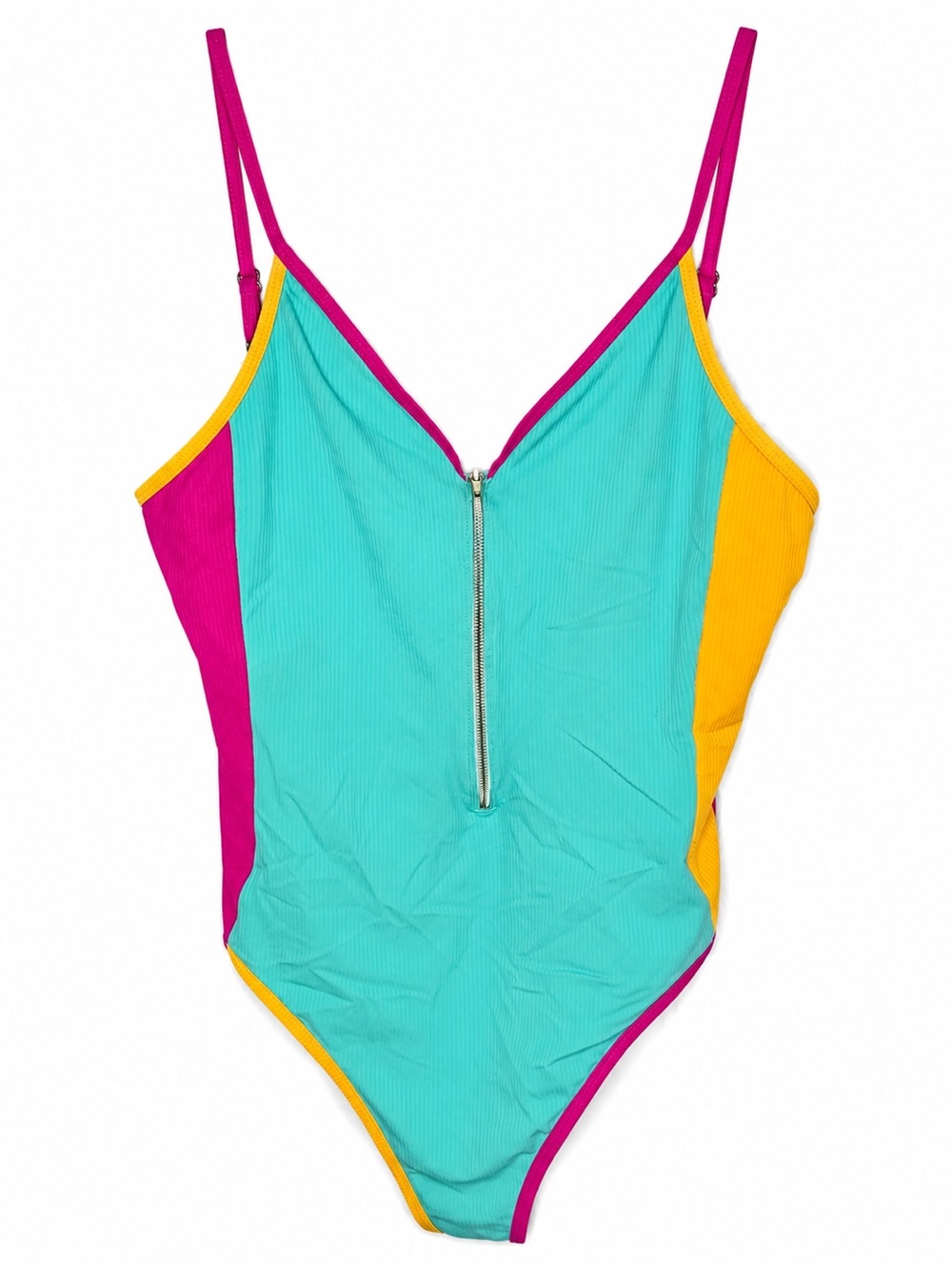 Endless Waves Colorblock Ribbed One Piece Swimsuit XL/XG Zip Front Bright Retro